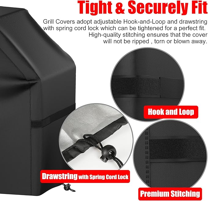 BBQ Grill Cover, Waterproof, Weather Resistant, Rip-Proof, Anti-UV, Fade Resistant, with Hook-and-Loop Straps, Gas Grill Cover for Most Grills, 60 inch, Black