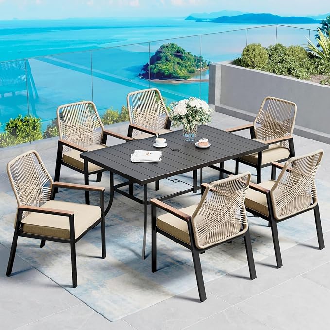 SUNSHINE VALLEY 60" Patio Dining Table for 6, Rectangle Patio Table with Umbrella Hole,E-Coating and Powder Coating Steel Frame Metal Outdoor Patio Table for Garden Backyard Lawn Yard