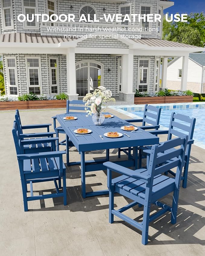 K Knowbody 7-Piece Outdoor Patio Dining Table and Chairs Set, Seats 6 | Steel-Reinforced HDPE, 100 lb/sq ft Load Capacity, 2-Inch Umbrella-Ready Tables, All-Weather, Fade-Resistant, Navy Blue