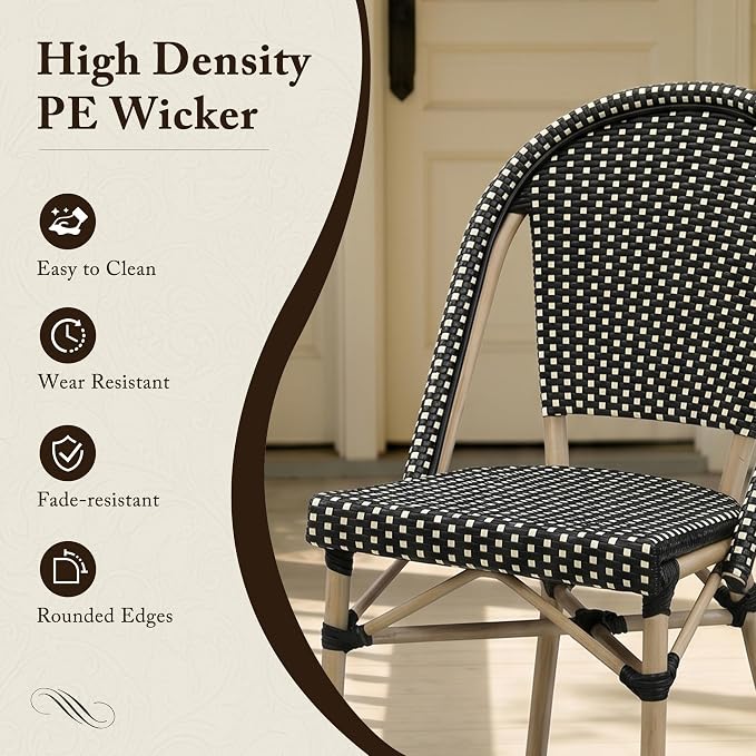 PURPLE LEAF 3-Piece French Bistro Dining Set Round Outdoor Patio Table and 2 Armless Chairs Tempered Glass Top PE Rattan Champagne Print Finish Aluminum Frame Black