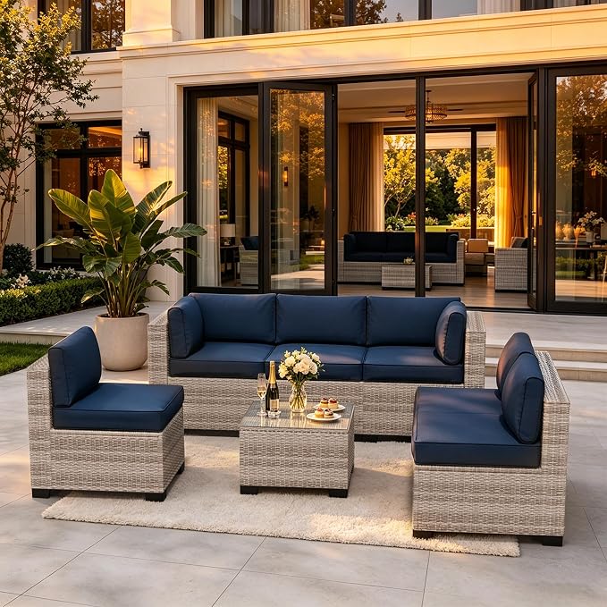 SHGJ&SOFT 4pcs Patio Furniture Set, Outdoor Loveseat Couch, Waterproof Rattan Sofa with Storage,Patio Couch Sets Wicker Furniture for Porch,Balcony (Grey&Blue, 7pcs)