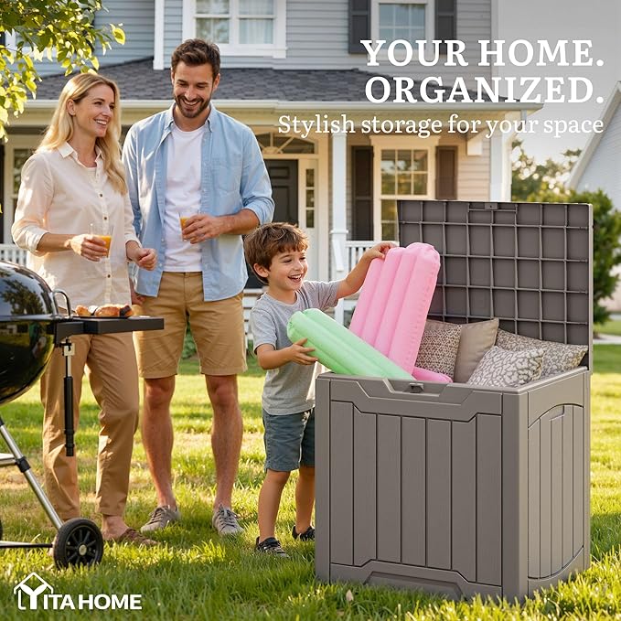 YITAHOME 31 Gallon OutdoorDeck Box, Lockable Resin Storage Box and Waterproof Package Delivery Box for Patio, Garden, Poolside, Cushions, Supplies & Sports Gear, Taupe