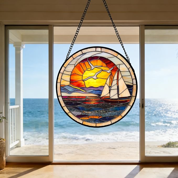 DASTOLL Stained Glass Window Hanging, Sun Ocean Sailboat Seagull Abstract Suncatcher Diamond Glass Panel Sun Catchers Decor for Birthday for Women, Men, Wife, Aunt, and Mom 6.3 in