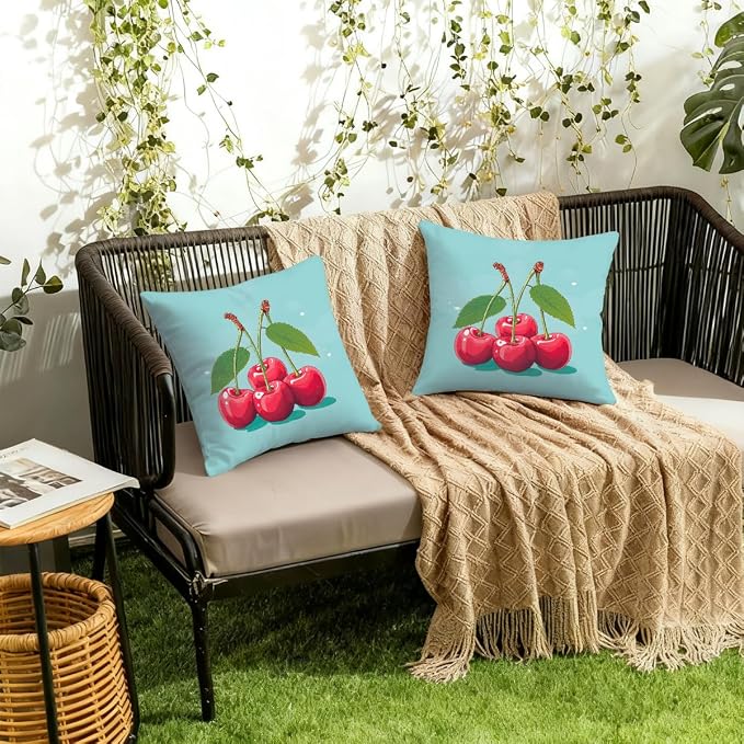 22x22 Inch Outdoor Pillow Covers Set of 2 Waterproof Throw Pillow Covers Decorative Couch Cushion Covers Cherry Cute Square Pillowcases Protectors for Patio Garden Sofa