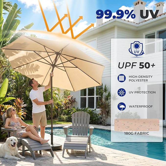 BRIOPAWS 9FT Patio Umbrella with Base Included | Outdoor Table Umbrellas | Push Button Tilt & Crank | 8 Sturdy Fiberglass Ribs | Waterproof | Heavy Duty for Garden Lawn DeckBackyard & Pool
