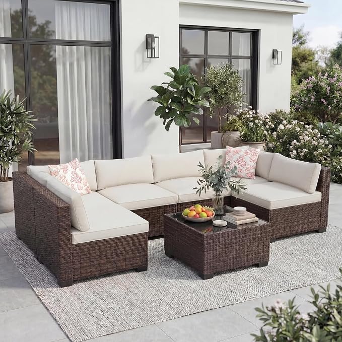 Litake 7 Piece Patio Furniture Sets, Iron Frame with Gradient Wicker, Soft Cushions, Modular Outdoor Conversation Furniture for Garden, Backyard & Patio