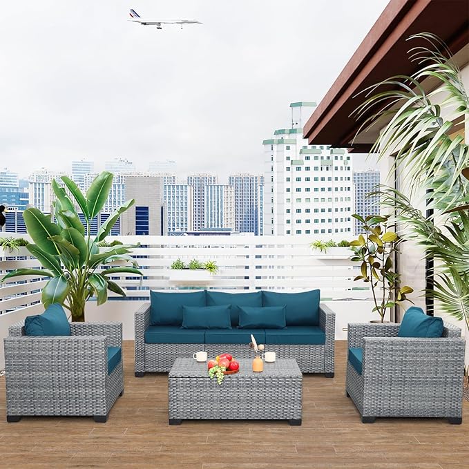 4 Piece Wicker Patio Furniture Sets Outdoor Conversation Set PE Rattan Sectional Sofa Couch with Storage Table and Peacock Blue Cushions