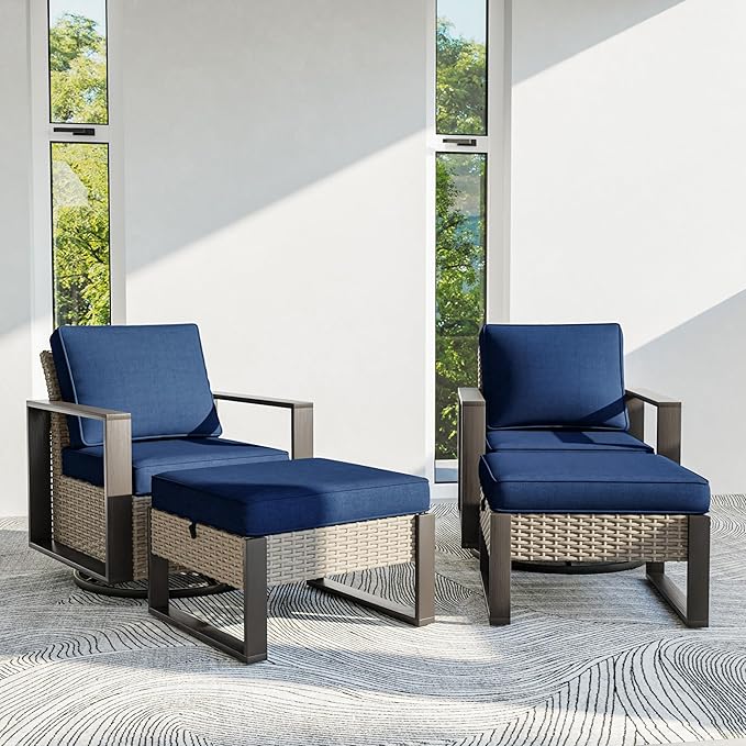 4 Piece Patio Furniture Set, Outdoor Swivel Rocker Patio Chairs and Ottoman, Metal Patio Furniture with Deep Seating, Thicken Cushions for Deck, Porch, Yard Use (Blue, 4 PCS/Swivel)