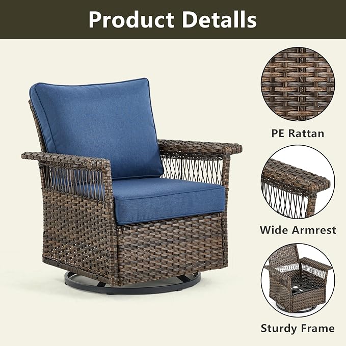 Outdoor Wicker Patio Furniture Set - 5 Piece Rattan Patio Conversation Sets with 2 Rocking Swivel Chairs,2 Ottomans and 1 Sofa for Porch Deck Garden(Brown/Blue)