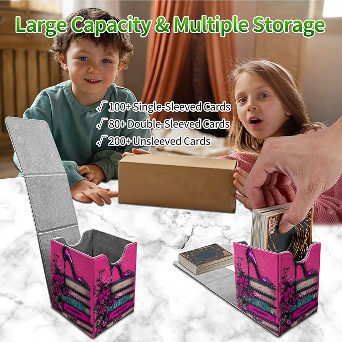 Deck Box for MTG, Cards Storage Box Fits 120+ Sleeved, Leather Medium Size Strong Magnetic Closing Card Case for Board Games Magic TCG CCG Baseball Collection, Pink High Heels