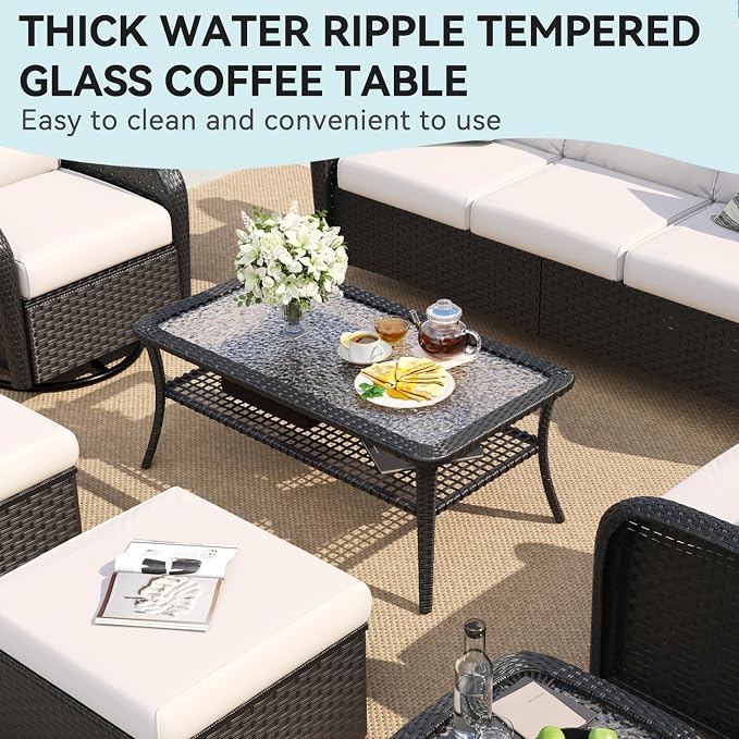 LazySunsets 9 Piece Outdoor Patio Furniture Set with Coffee Table, Wicker Rattan Outdoor Furniture with High Back Swivel Rocker Chairs, Outdoor Conversation Sets with Thick Cushions & Ottoman, Beige