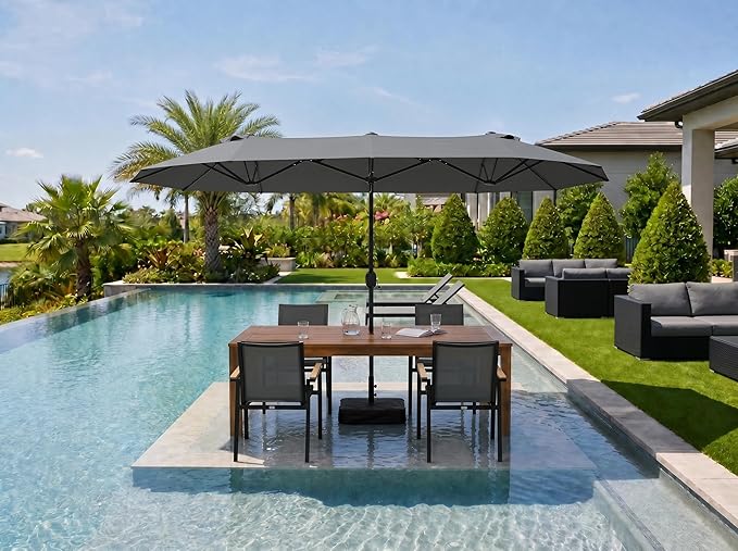PURPLE LEAF 13ft Patio Market Umbrella with Base Double-Sided Rectangle Outdoor Table Sun Umbrellas with Crank 12 Heavy Duty Sturdy Ribs for Pool Beach Deck Backyard Light Gray