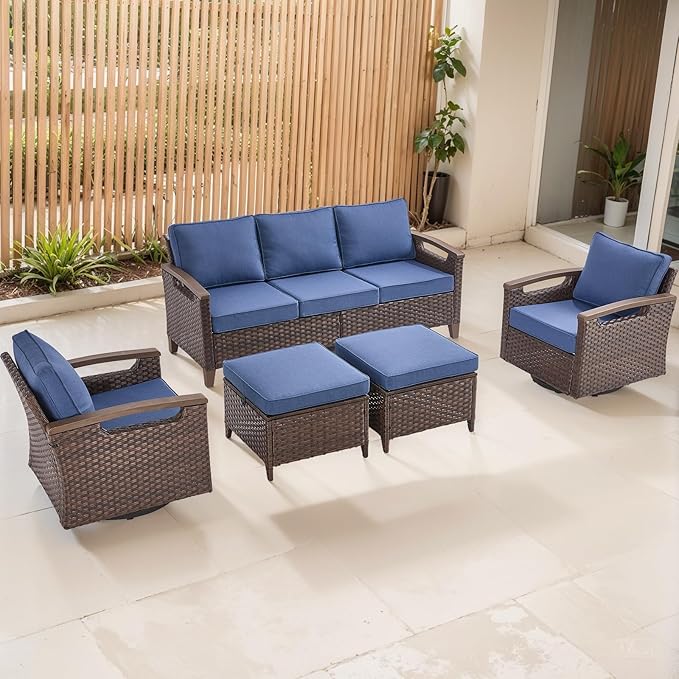 Rilyson Wicker Outdoor Patio Furniture Set - 5 Piece Patio Conversation Sets with Swivel Rocker Chairs, Ottomans and Sofa, Thick Cushions, Waterproof Wicker, for Porch Deck Brown/Blue