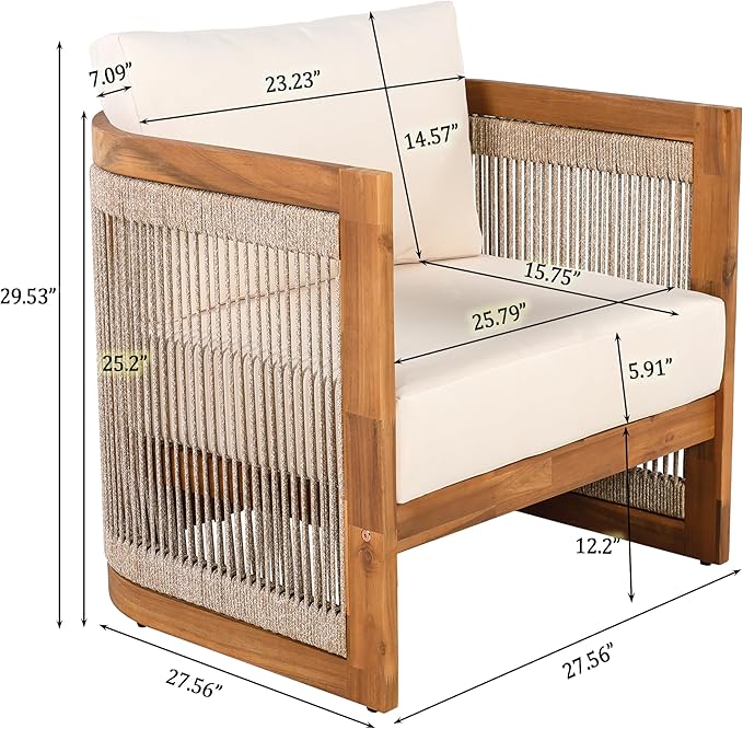 Christopher Knight Home Malphite 3 Pieces Conversation Set, Acacia Wood Chat Set, Round Coffee Table and Woven Rope Accent Chairs, Slat Design Patio Furniture Set for Backyard Garden, Beige + Teak