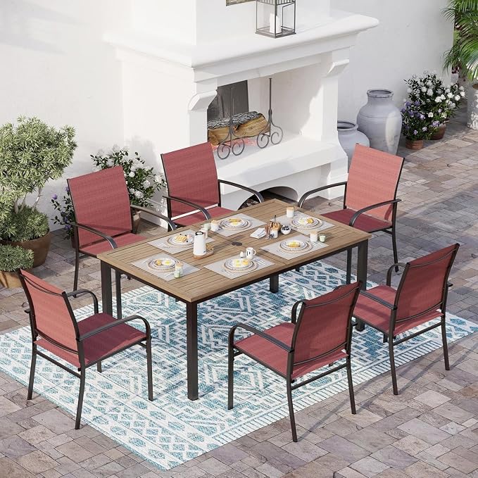 SUNSHINE VALLEY 7 Piece Outdoor Dining Set, Rectangular Wood-Like Table with Umbrella Hole, Patio Dining Set for Outdoor Kitchen Lawn Garden, Backyard, Deck