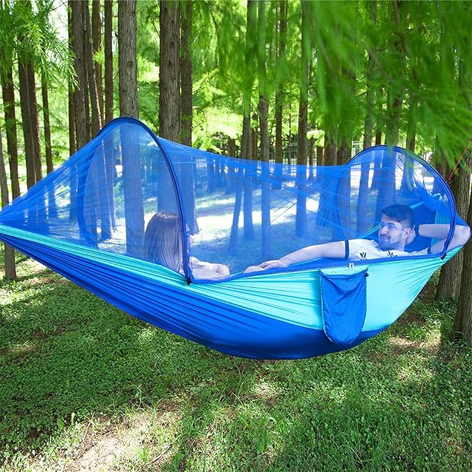 Outdoor Automatic Hammock with Mosquito Net Nylon Portable Lightweight Double Hammock for Camping with 2m Tree Straps Blue 9.5'x4.5'