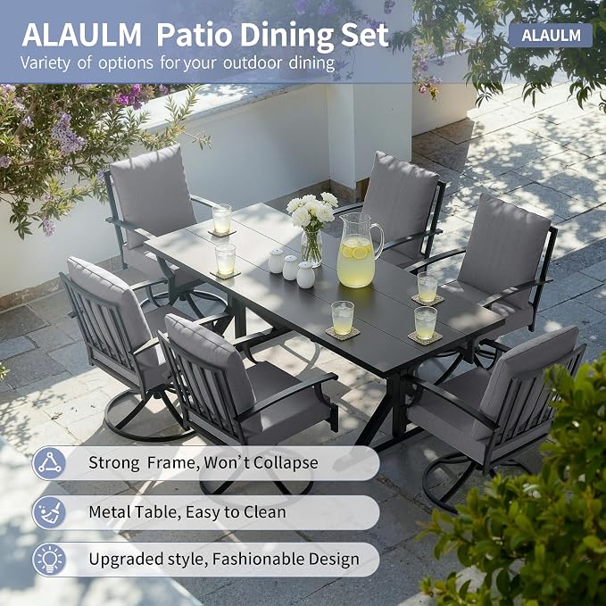 ALAULM 7-Piece Patio Dining Set,Outdoor Metal Dining Set with 6 Swivel Chairs & Rectangle Table with 1.5 Umbrella Hole, Patio Dining Table and Chairs for Backyard, Grey