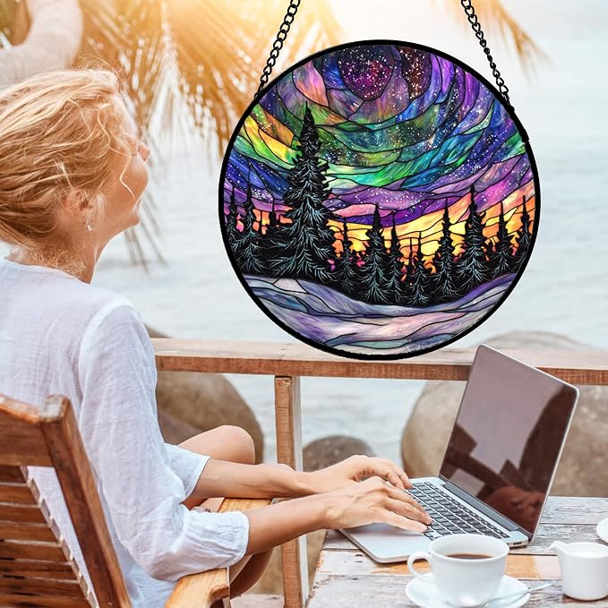 DASTOLL Stained Glass Window Hanging, Van Gogh Night Scene Sun Catchers Colorful Glass Panel Starry Sky Suncatcher Decor for Birthday for Women, Men, Wife, Aunt, and Mom 14.9x14.9 in