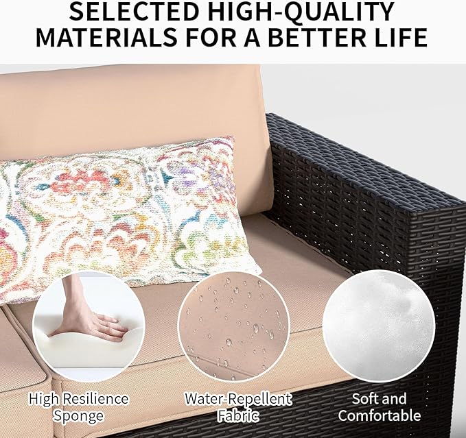 SHGJ&SOFT 7 Piece Patio Furniture Set, Wicker Outdoor Sectional Sofa with Washable Cushion Covers and Tempered Glass Table, Rattan Conversation Set for Poolside