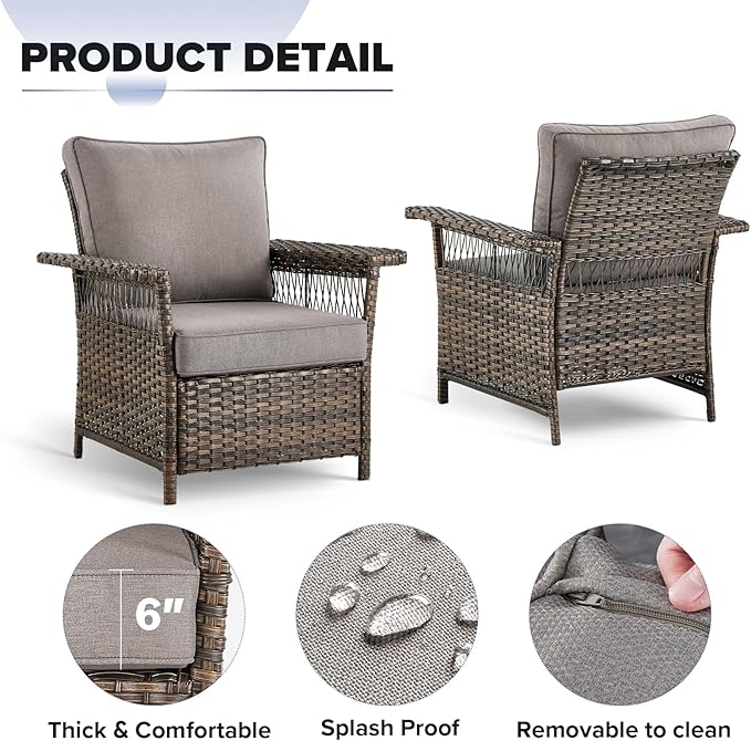 Outdoor Wicker Patio Furniture Set - 6 Piece Rattan Patio Conversation Sets with 2 Armrest Chairs,2 Ottomans,1 Sofa and 1 Coffee Table for Porch Deck Garden(Brown/Grey)