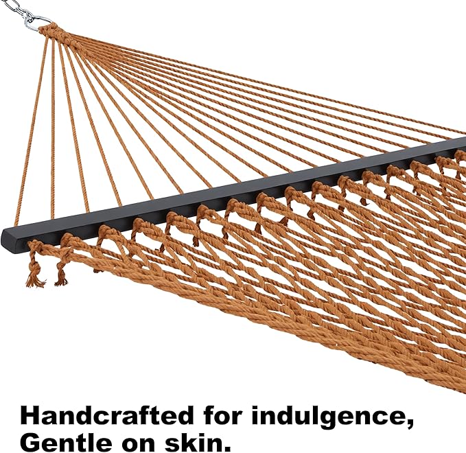 Single Rope Hammocks for Outside, Traditional Hand Woven Cotton Hammock with Hardwood Spreader Bar, Max 450 lbs Capacity (Coffee Brown, Small)