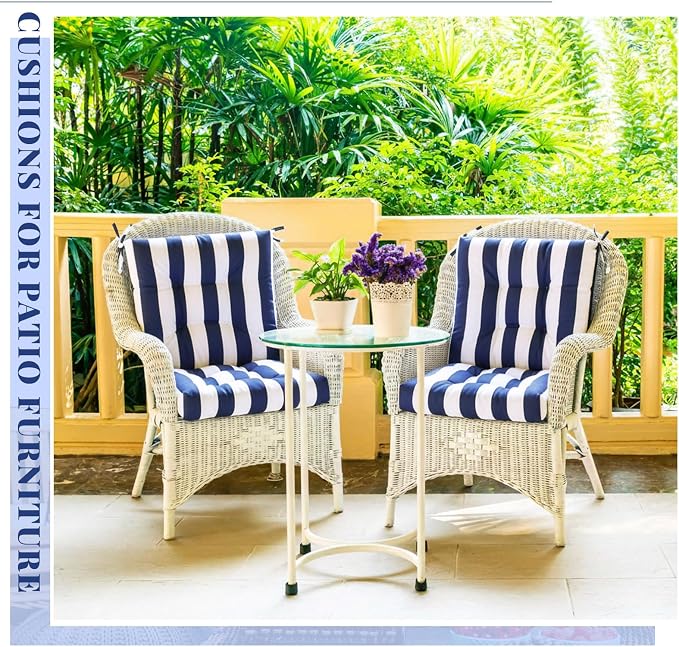 Marsui 4 Pcs Outdoor Indoor High Back Chair Cushions Patio Furniture Tufted Pillow with Ties Water-Resistant Replacement Outdoor Rocking Chair Cushions, 42 x 21 Inches (Blue White Stripes,Stripes)