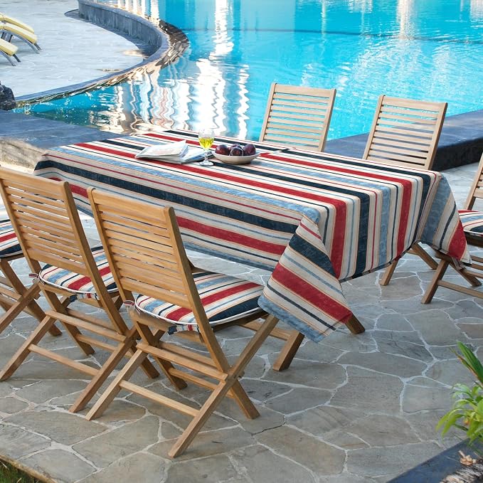 DYTXIII Outdoor Rectangle Tablecloth with Umbrella Hole and Zipper 84" x 60", Water Repellent Floral Picnic Cover, Fade & Wrinkle Resistant Tablecloth for Patio/Garden/Party Table, Stripe Red Blue
