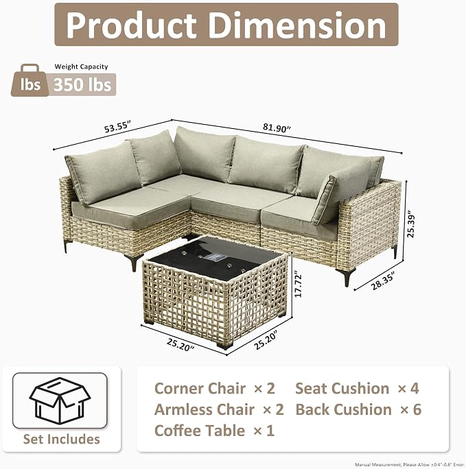 Outdoor Sectional Patio Furniture Set,5 Pieces Rattan Wicker Conversation Sets L Shaped Couch,Outside Furniture with Glowing Coffee Table,Dark Grey