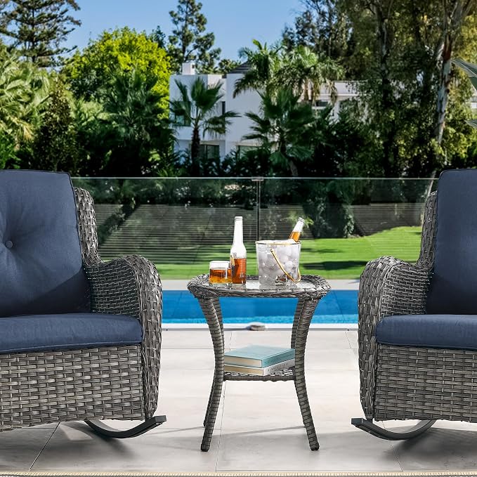 Small Outdoor Side Table - 50 LBS Weight Capacity Wicker Side Table with Storage, Tempered Glass Top Patio Side Table for Porch Balcony Deck Garden - Grey