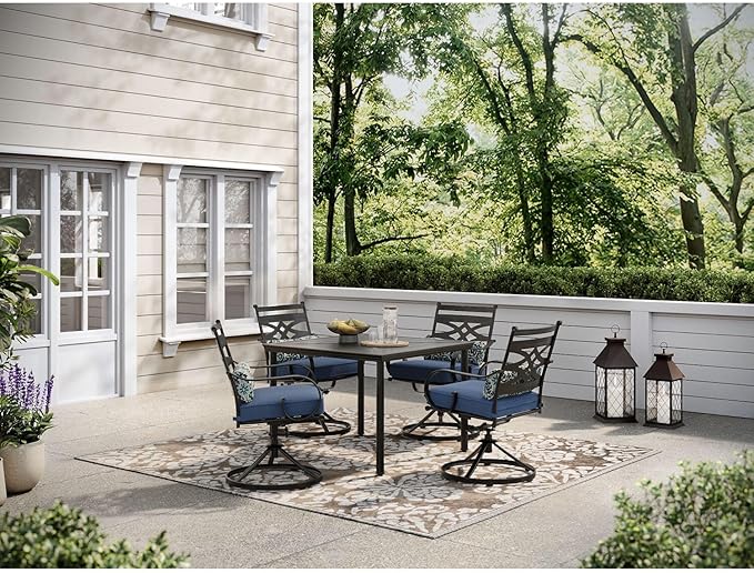 Hanover Montclair 5-Piece Outdoor Dining Set with Stamped Steel Square Dining Table and 4 Swivel Rocker Chairs with Cushions, Weather-Resistant Patio Dining Set for 4, Patio, Backyard, Deck