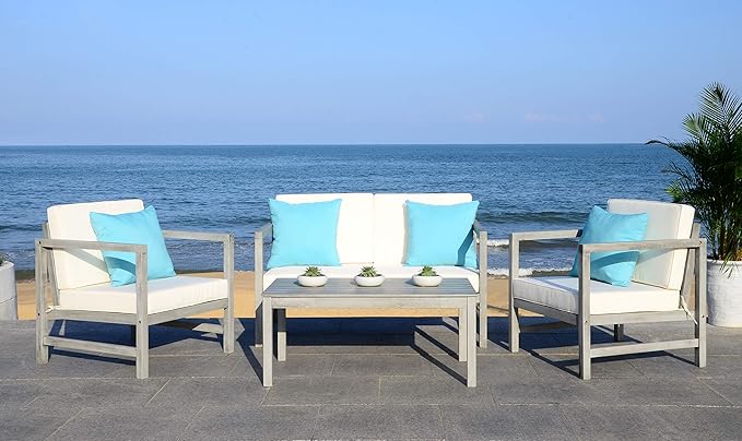 SAFAVIEH Outdoor Collection Montez Grey Wash/ White Cushions/ Light Blue 4-Piece Conversation Patio Set