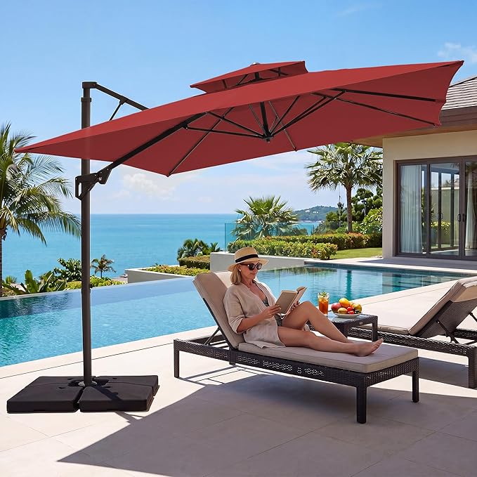 JEAREY 12ft 2-Tier Cantilever Patio Umbrella, Large Square Outdoor Offset Umbrella with Double Top Vent and 360-degree Rotation for Garden, Deck, Pool, Patio, Red