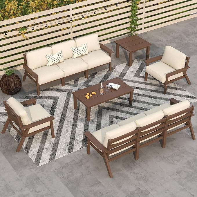 10 Piece Outdoor Patio Furniture Set, Outdoor Couch with Washable Thick Beige Cushions, Coffee Table & Side Table, Patio Conversation Sets for Lawn, Garden, Porch, Balcony (Brown Frame)