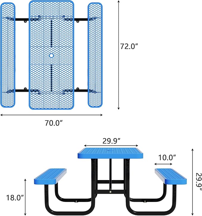 Picnic Tables for Outdoors,Commercial Metal Picnic Table Bench Set with Umbrella Hole,School Canteen Tables W/Seats - Heavy Duty Sturdy Picnic Tables Furniture for Patio Garden (Blue, 6FT)