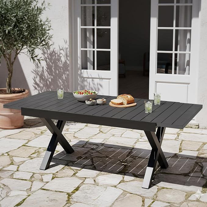 Expandable Outdoor Dining Table for 8, Never-Rust Aluminum Patio Dining Table, 63''-83'' X-Shaped Extendable Dining Table with Umbrella Hole for Garden Deck Indoor or Outdoor Meals, Black