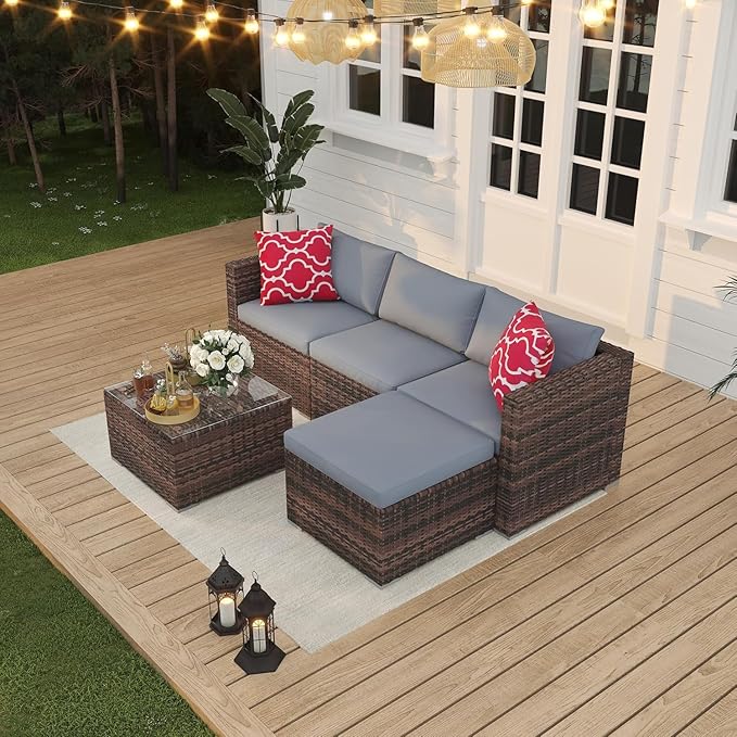 GarveeLife 5-Piece Outdoor Patio Rattan Wicker Sofa Set, PE Rattan Conversation Sectional with Thickened Back Cushion, Glass Tabletop, Ottoman - Ideal for Courtyard Space, Grey