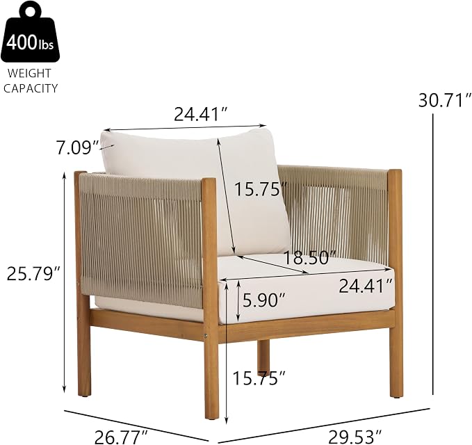 Christopher Knight Home Mayeq 4-Piece Acacia Wood Patio Furniture Set, Outdoor Conversation Sofa Set with Club Chair and Coffee Table, Patio Sectional Chat Set for Backyard Balcony, Teak+Cream
