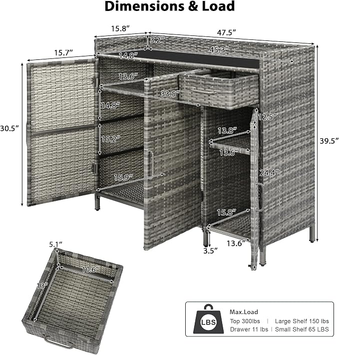 RUNNA Wicker Outdoor Storage Cabinet with Tempered Glass Desktop, Weather-Proof Rattan Bar Table with Three Doors, Adjustable Shelf, and One Drawer, for Outdoor Cushions, Pool Toys (Grey@045)