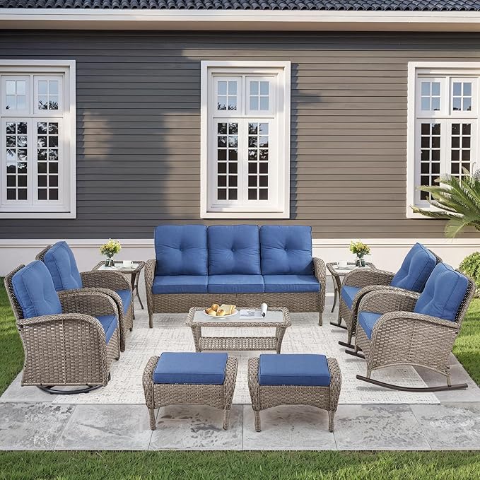 10-Piece Patio Furniture Set-Patio Rocking Chairs Set of 4 Outdoor Rattan Sofa Sets with Coffee Table Outdoor Patio Furniture Sets for Deck Porch Garden Balcony Poolside-Grey/Blue