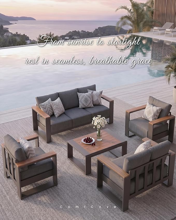Oversized Aluminum Patio Furniture Set, 4 Pieces Luxury Outdoor Furniture Set with 7.1" Extra Thick Cushion, Modern Outdoor Sectional with Coffee Table for Porch, Garden and Deck, Graphite