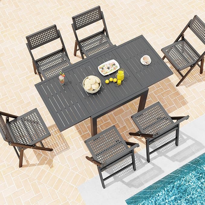 HAPPYGRILL Expandable Patio Dining Table Aluminum Outdoor Table for 4-6 Person with Slatted Tabletop, Square Rectangular Folding Patio Table for Porch, Lawn, Garden