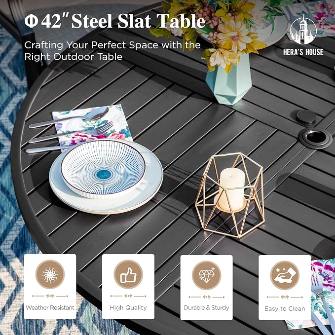 HERA'S HOUSE 5pc Patio Dining Set for 4, 42" Round Metal Table | Blue textilene chairs, umbrella hole. Waterproof, rust-resistant, all-weather for backyard, porch