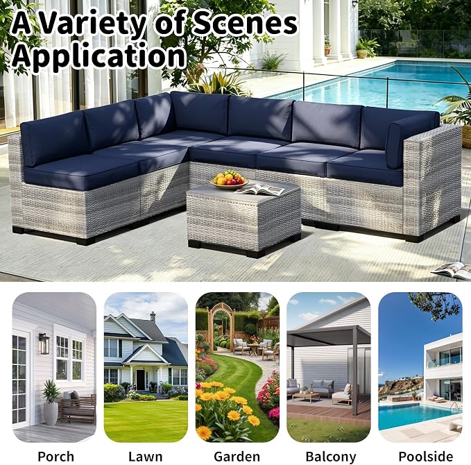 YLGJ&TIDY 7-Piece Outdoor Sectional Patio Furniture Set, All-Weather Wicker Rattan Sofa w/Thick Washable Cushions & Tempered Glass Table, Perfect for Garden, Poolside, Backyard (7, Gray White&Blue)