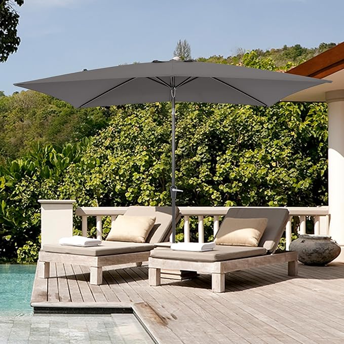 HASLE OUTFITTERS Rectangular Patio Umbrella, 6.5 x 10 ft Rectangle Table Umbrellas w/Heavy Duty Ribs, Effortless Crank and Push Button Tilt, Wind Resistant Sun Umbrella for Outdoor Patio, Gray