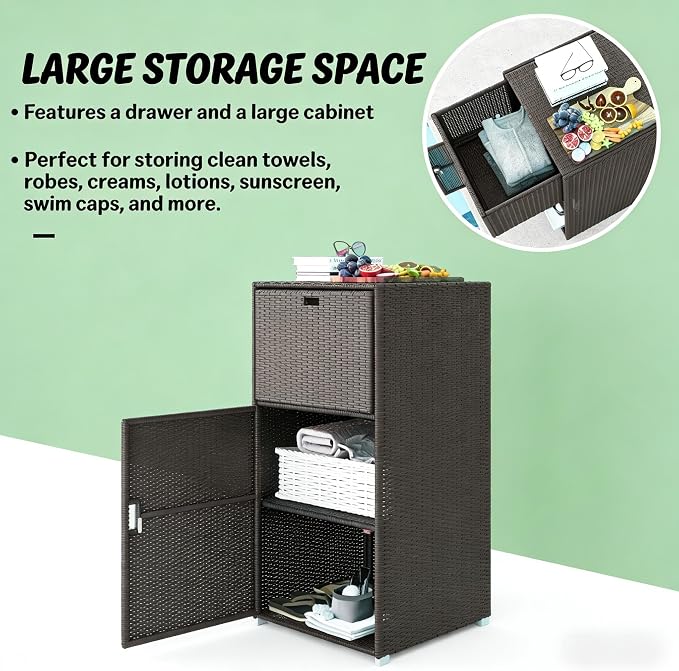 Tall Outdoor Storage Box and Wicker Deck Box Cabinet with Magnetic Doors and Drawer, Resin Rattan Patio Organizer for Poolside Towels and Garden Tools, 23.6 x 23.6 x 47.2 Inches, Dark Brown