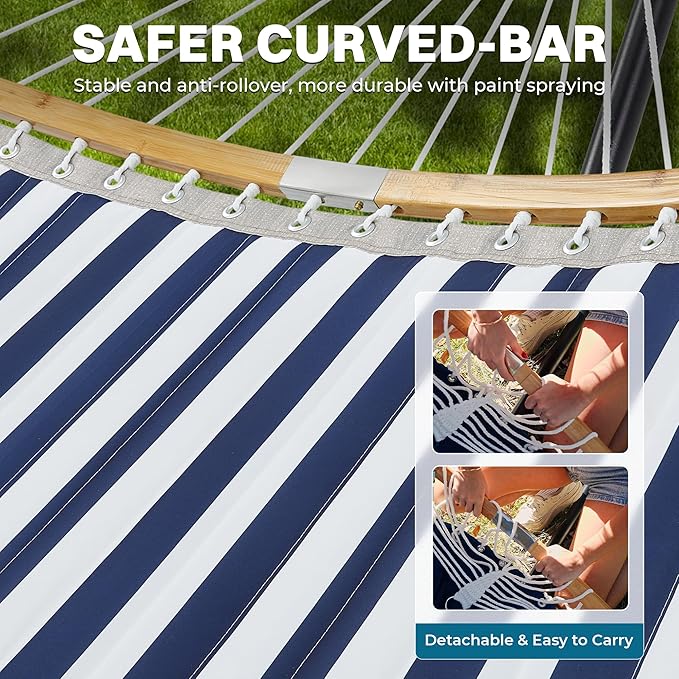 SUPERJARE Curved-Bar Hammock with Stand, 2 Person Heavy Duty Hammock Frame, Detachable Pillow & Portable Carrying Bag, Perfect for Outdoor & Indoor, Denim Blue with White Stripes