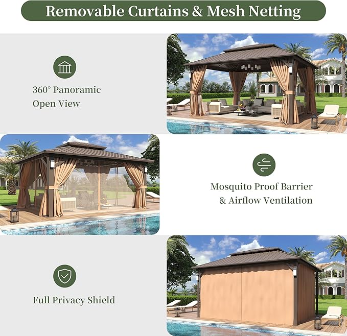 Aoxun 14'x12' Hardtop Gazebo with 4 LED Lights, Outdoor Gazebo with Galvanized Steel Double Roof, Patio Gazebo with Breathable Netting & Privacy Curtain, Decor Hooks for Backyard, Brown