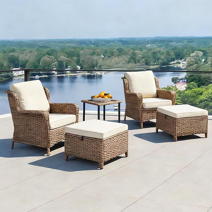 5 Piece Patio Furniture Set with Ottomans, PE Wicker Outdoor Chairs with Cushions & Tempered Glass Table, Space-Saving Balcony Furniture Set for Porch, Garden, Backyard, Beige