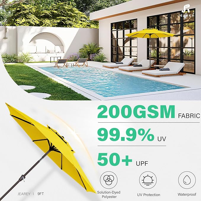 JEAREY 9' 2-Tiers Patio Umbrellas Outdoor Table Market Umbrella w/Push Button Tilt/Crank, 8 Sturdy Ribs, UV Protection Waterproof Sunproof(Yellow)
