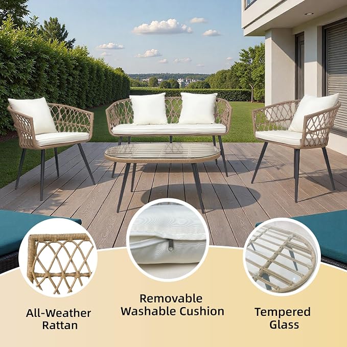 4 Piece Patio Furniture Set,Outdoor Conversation Set with Wicker Sofa, 2 Rattan Chairs and Glass Table, Patio Bistro Set with All Weather Cushions, for Garden, Porch, Backyard (Beige)
